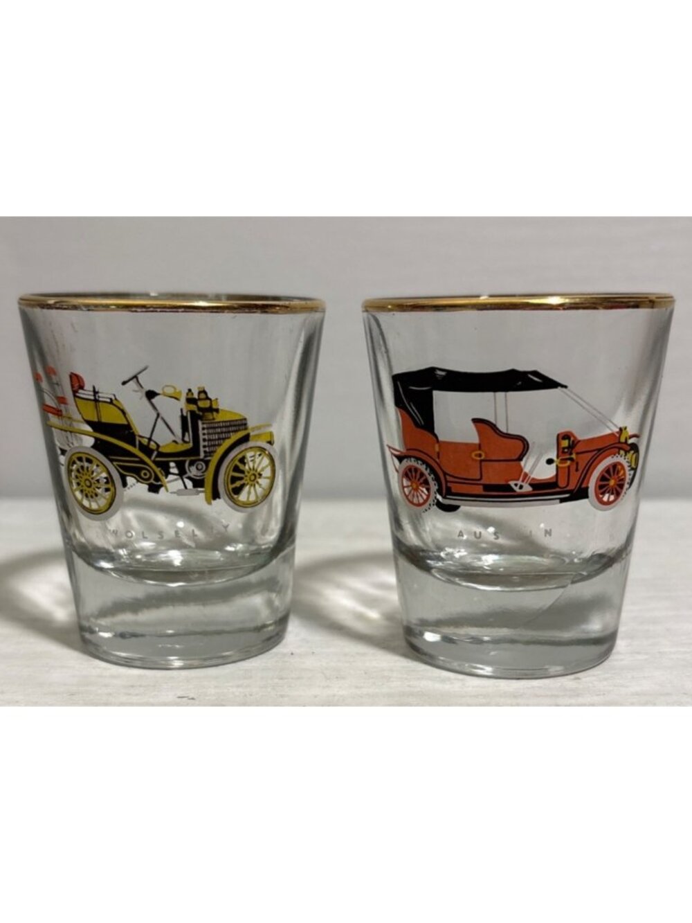 Vintage Classic Car Shot Glasses Wolseley & Austin Gold Rim Lot of 2